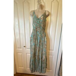 Cienna Maxi Dress Women S Turquoise Paisley Floral Boho Button Front NWT